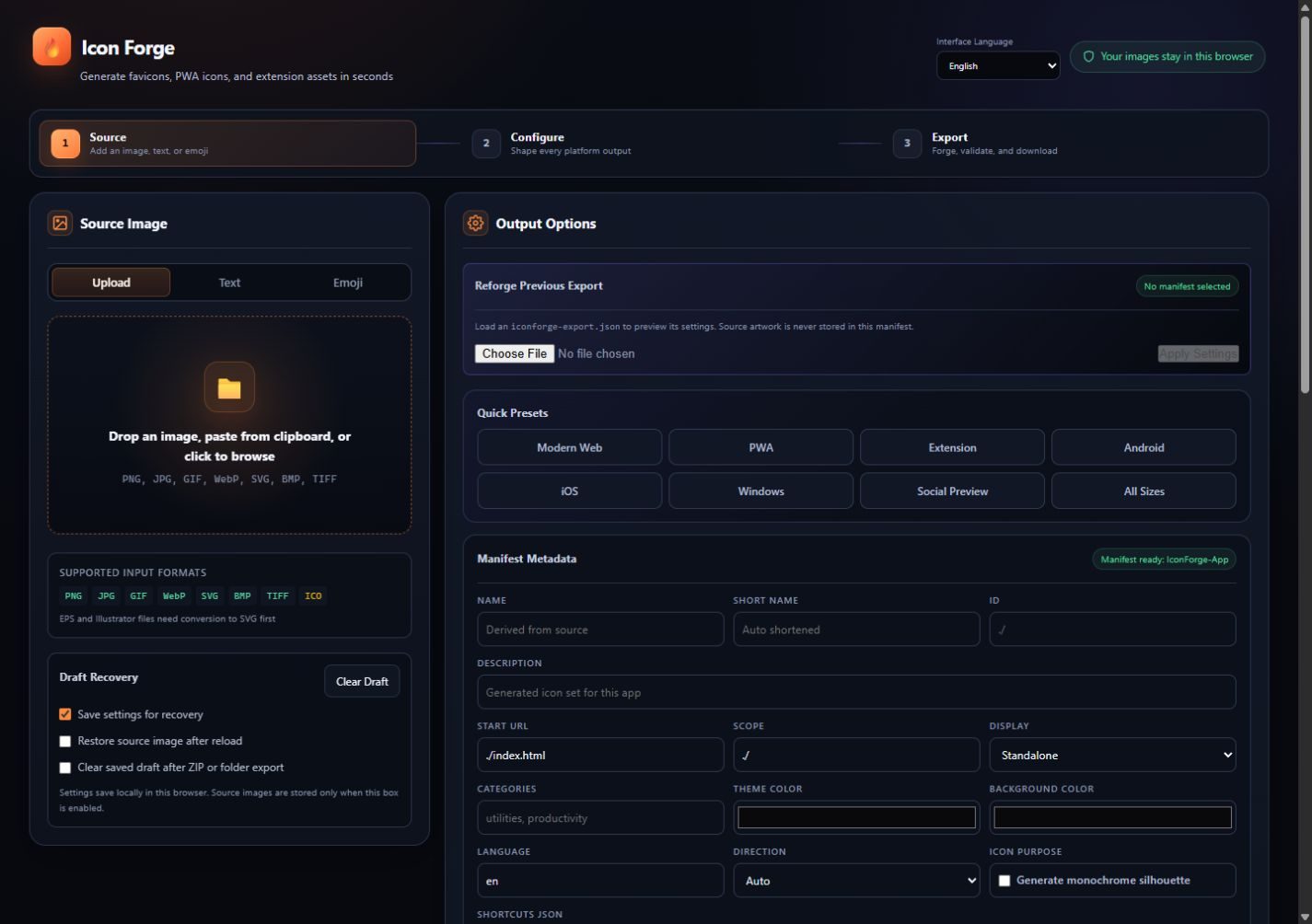 IconForge interface with image upload, platform presets, and output options